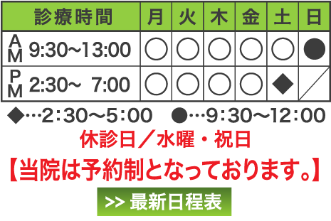 診療時間 AM9:00〜13:00 PM2:30〜7:00 土曜はPM5:00まで 日曜はAM9:30〜12:00 休診日/水曜・祝日
