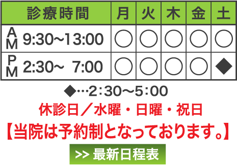 診療時間 AM9:00〜13:00 PM2:30〜7:00 土曜はPM5:00まで 休診日/水曜・日曜・祝日